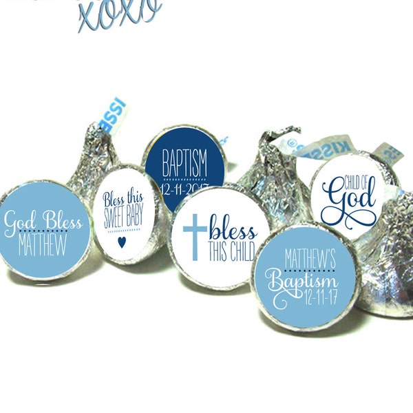 BAPTISM blue kiss kiss stickers - Child of God kiss stickers ~ fits individually wrapped Chocolate (108 stickers)