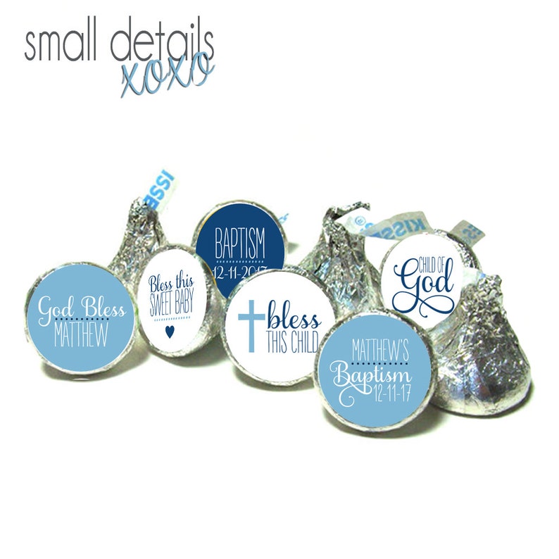 BAPTISM blue kiss kiss stickers Child of God kiss stickers fits individually wrapped Chocolate 108 stickers image 1