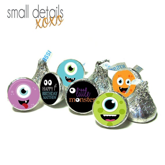 LITTLE MONSTER Birthday kiss stickers - Personalized Themed kiss stickers ~ fits Hershey's Kisses® Chocolate (108 stickers) Il_570xn