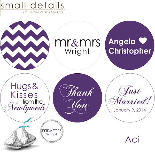 108 - Newlyweds Wedding Sticker's for Hershey's Kisses® Chocolate - Chevron pattern .75 inch round