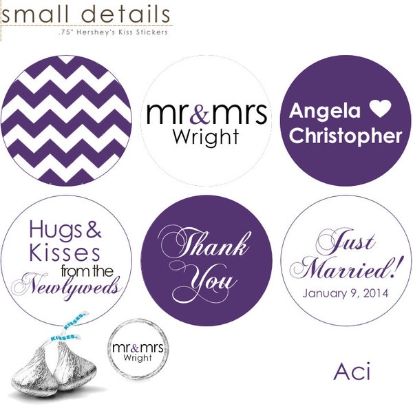 108 - Newlyweds Wedding Sticker's for Hershey's Kisses® Chocolate - Chevron pattern .75 inch round