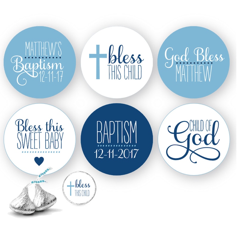 BAPTISM blue kiss kiss stickers Child of God kiss stickers fits individually wrapped Chocolate 108 stickers image 2