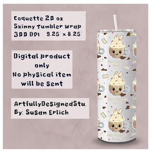 Puede incluir: Una descarga digital para un diseño de envoltura de vaso delgado de 20 onzas. El diseño presenta un fondo blanco con un patrón repetido de bebidas de chocolate blanco y moca con caras lindas. El texto "White Chocolate Mocha" se repite en cada bebida.