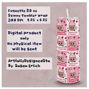 Puede incluir: Una envoltura para vaso delgado de color rosa y blanco con un patrón repetido de tazas de dibujos animados con crema batida y fresas. El texto "Strawberry Cream Frappuccino" se repite en cada taza.