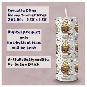 Puede incluir: Un envoltorio para vaso delgado de 20 oz con un patrón repetido de un lindo diseño de S'mores Frappuccino. El envoltorio para vaso mide 23,5 x 21 cm. El texto de la imagen dice: "Solo producto digital, no se enviará ningún artículo físico."