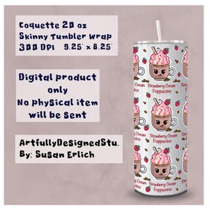Puede incluir: Un envoltorio para vaso delgado de 20 oz con un patrón repetido de un lindo diseño de frappuccino de crema de fresa. El envoltorio para vaso mide 23,5 x 21 cm. El texto en la imagen dice "Coquette 20 oz Skinny Tumbler wrap 300 DPI 9.25 x 8.25".