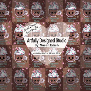 Puede incluir: Un patrón repetitivo con lindas tazas de moca de menta poivrada de dibujos animados. Cada taza tiene crema batida, caramelos en forma de corazón y el texto "Peppermint Mocha". El diseño incluye el texto "Artfully Designed Studio" y "By: Susan Erlich."