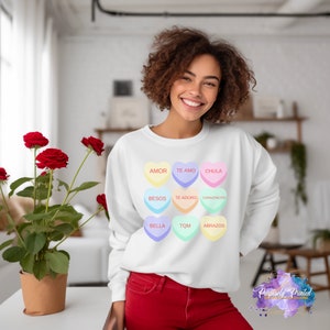 Spanish Candy Hearts T-shirt | Spanish Conversation Hearts | Valentine&#39;s Day Sweatshirt | Día de San Valentin | Spanglish |