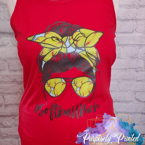 Softball Mom Sunglasses Tee |Trendy Softball Shirt| Messy Bun Softball Mom Tank | Softball Mom Tank Top | Softball Racerback Tank