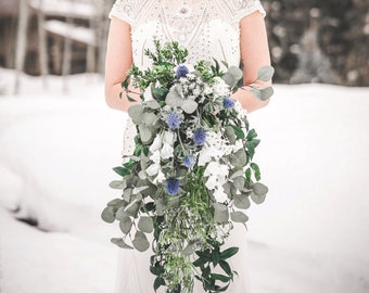 Greenery Cascading Bridal Bouquet with Boutonniere, Blue and White Silk Flower Bouquet, Cascade Wedding Bouquet, Garden Boho Wedding Bouquet