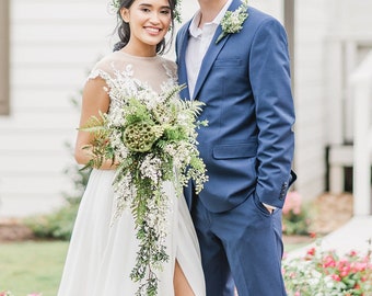 Cascading Greenery Bridal Bouquet with Boutonniere, Green and White Bouquet, Woodland Wedding Bouquet, Garden Boho Bouquet for Elopement