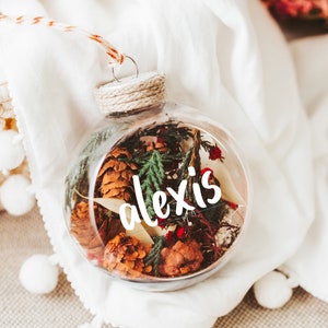 Personalized Christmas Ornament Dried Flowers, Gift for Flower Lover, Cottagecore Nature Decor, Woodland Flower Filled Plastic Ornament