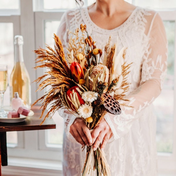 Dried Flower Bouquet, Rust and Terracotta Wedding Flowers Fall Bridal Bouquet, Destination Wedding Bouquet Set, Autumn Boho Bridal Bouquet