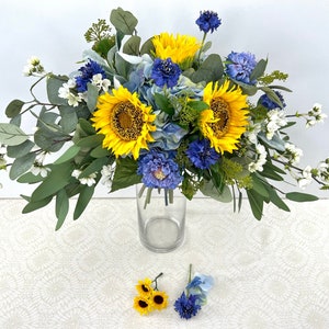 Sunflower Bridal Bouquet, Yellow and Blue Summer Wedding Bouquet Set, Wildflower Bouquet, Rustic Wedding Flowers