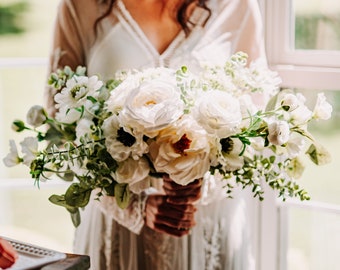 White Bridal Bouquet, Garden Wedding Flowers Bouquet, Silk Flower Bouquet, Bridesmaid Bouquet White Rose Anemone Ranunculus Eucalyptus