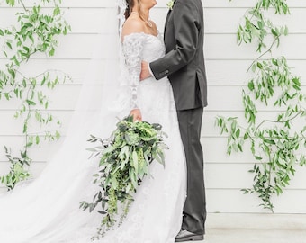 Cascading Greenery Bouquet with Boutonniere, Emerald Green Woodland Wedding Bridal Bouquet, Garden Boho Wedding Bouquet Set