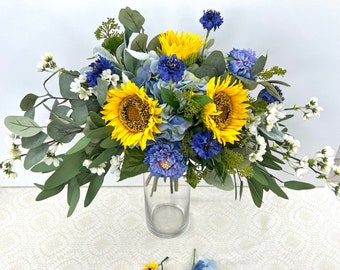Sunflower Bridal Bouquet, Yellow and Blue Summer Wedding Bouquet Set, Wildflower Bouquet, Rustic Wedding Flowers