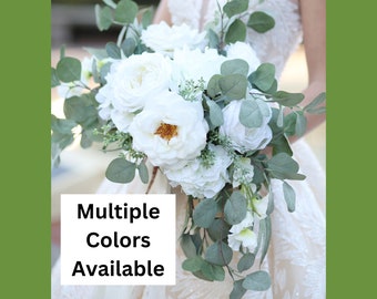 Garden Rose and Eucalyptus Bouquet, Cascading Bridal Bouquet for Summer Wedding, Boho Bridal Bouquet and Boutonniere Set, Choose Color