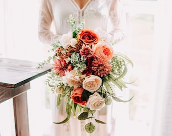 Orange Wedding Flowers, Terracotta Bouquet, Fall Wedding Bouquet, Cascading Bridal Bouquet, Orange Peach Ivory Rose Silk Flower Bouquet