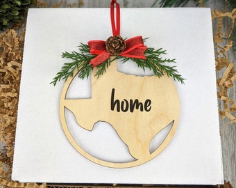 Texas Christmas Ornament, Home Sweet Home, Texas Home Ornament, 4 inch Round Wood Christmas Ornament with Texas State Cut Out, College Cheer