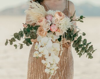 Orchid Bridal Bouquet, Cascade Wedding Bouquet with Roses Dried Flowers and Orchids, Silk Floral Bouquet and Boutonniere Set Wedding Package