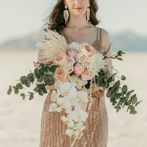 Orchid Bridal Bouquet, Cascade Wedding Bouquet with Roses Dried Flowers and Orchids, Silk Floral Bouquet and Boutonniere Set Wedding Package