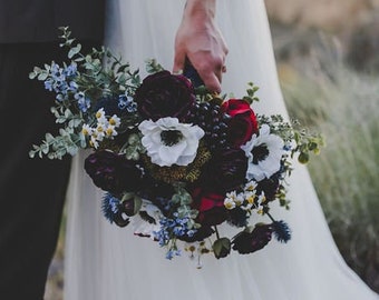 Fall Wildflower Wedding Bouquet, Boho Bridal Bouquet, Moody Jewel Tone Wedding Flowers, Silk Flower Bouquet for Elopement or Outdoor Wedding