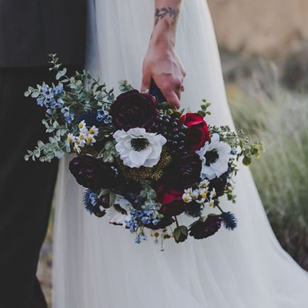 Fall Wildflower Wedding Bouquet, Boho Bridal Bouquet, Moody Jewel Tone Wedding Flowers, Silk Flower Bouquet for Elopement or Outdoor Wedding