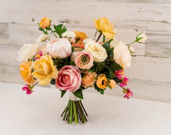 Yellow and Pink Bridal Bouquet, Peony Bouquet, Romantic Regency Wedding Bouquet Set, Silk Flower Bouquet for Bride, Garden Wedding Flowers