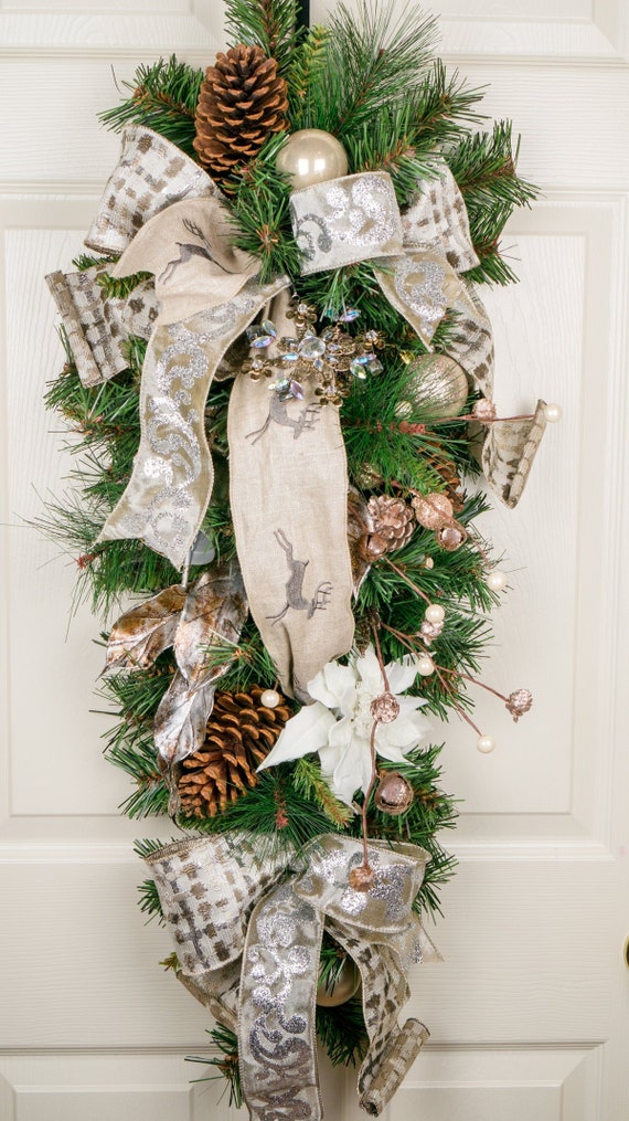 Holiday Door Swag Champagne Front Door Christmas Decor Winter Wreath Alternative Double Door Teardrop Swags Snowflake