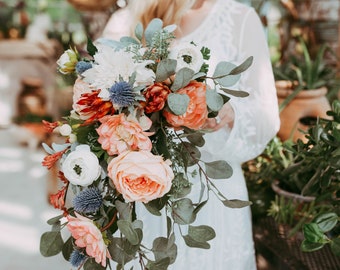 Peach and Blue Cascade Bouquet, Cascading Bridal Bouquet with Boutonniere, Fall Wedding Bouquet, Silk Flower Bouquet, Garden Wedding Bouquet