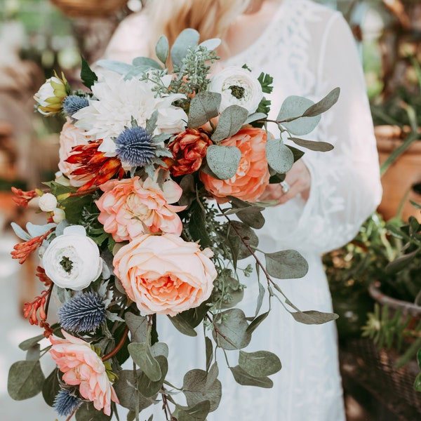 Peach and Blue Cascade Bouquet, Cascading Bridal Bouquet with Boutonniere, Fall Wedding Bouquet, Silk Flower Bouquet, Garden Wedding Bouquet