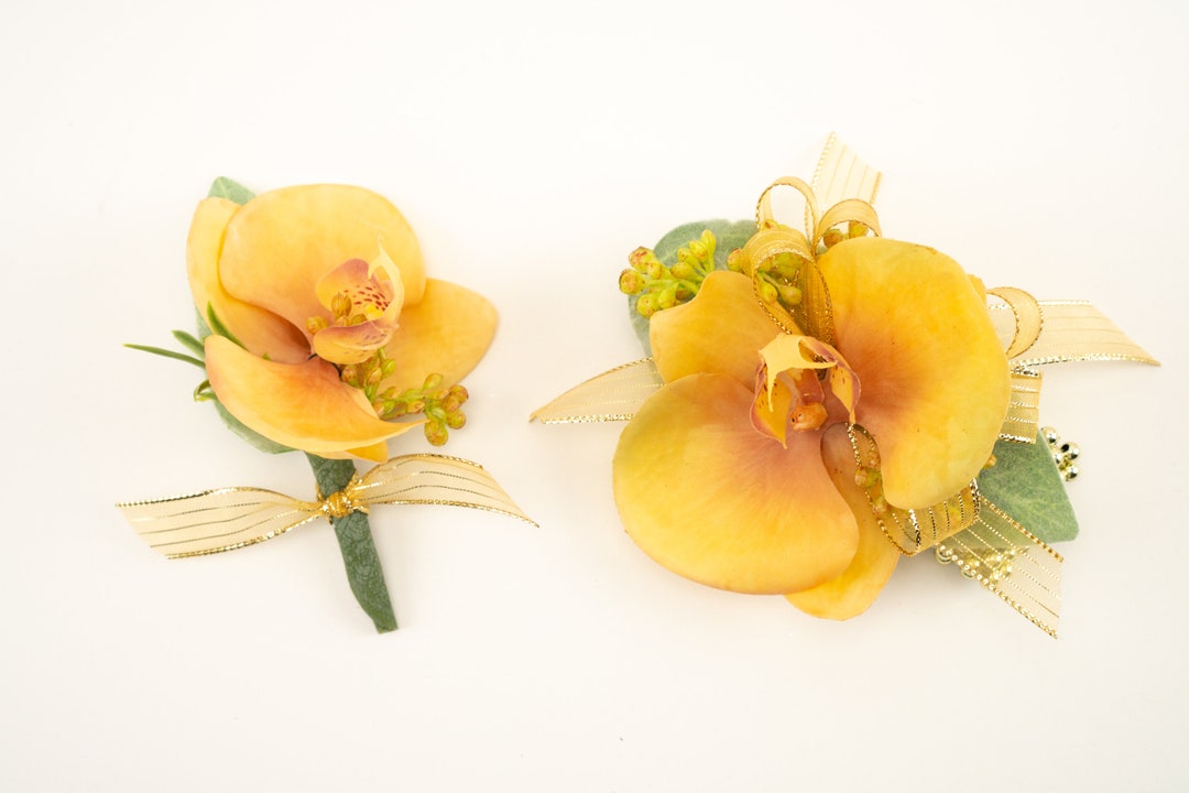 Yellow and Gold Orchid Corsage for Prom, as Seen on Cobra Kai, Corsage and Boutonniere Set