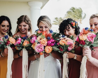 Colorful Tropical Wedding Bouquet, Bridal Bouquet, Beach Bouquet, Pink Orange and Blue Wedding Flowers, Bouquet and Boutonniere Set