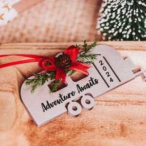 Adventure Awaits Silver Camper Ornament 2024, Gift for New Camper Owner, RV Christmas Ornament, Retro Travel Trailer Ornament Camping Gift image 3