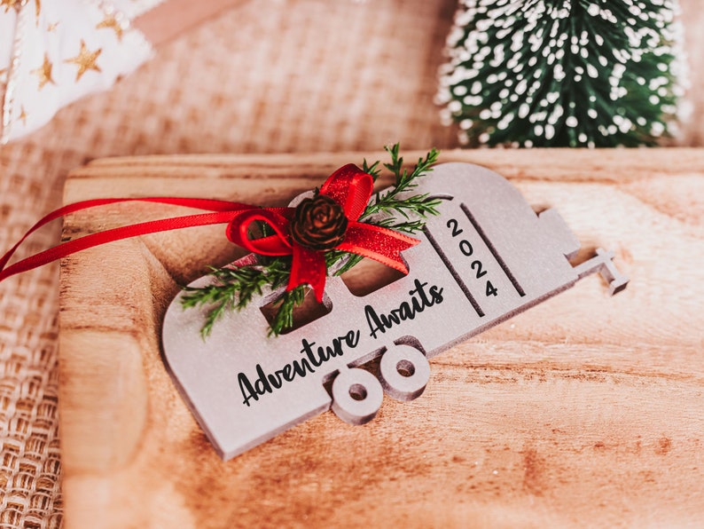 Adventure Awaits Silver Camper Ornament 2024, Gift for New Camper Owner, RV Christmas Ornament, Retro Travel Trailer Ornament Camping Gift image 3