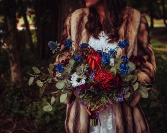 Rust Sage and Navy Forest Wedding Bouquet, Fall Bridal Bouquet, Boho Wedding Bouquet, Silk Flower Bouquet, Protea Thistle Anemone Eucalyptus