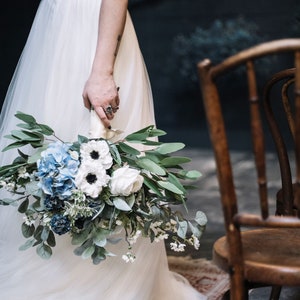 Blue Bridal Bouquet, Classic Blue Wedding Bouquet, Blue and White Silk Floral Bouquet Set, Bouquet and Boutonniere Wedding Package image 9