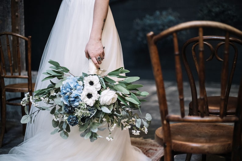 Blue Bridal Bouquet, Classic Blue Wedding Bouquet, Blue and White Silk Floral Bouquet Set, Bouquet and Boutonniere Wedding Package image 9