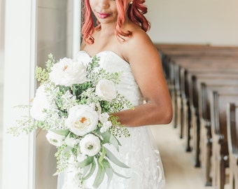 Bridal Bouquet White Cascade, Teardrop Bridal Bouquet White Wedding Flowers Bouquet and Boutonniere Set, Silk Bridal Bouquet White Roses