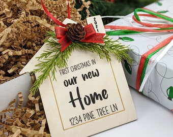 Personalized Ornaments for House, First Christmas in Our New Home Ornament 2022 with Address, Wood House Ornament, Housewarming Gift w Box