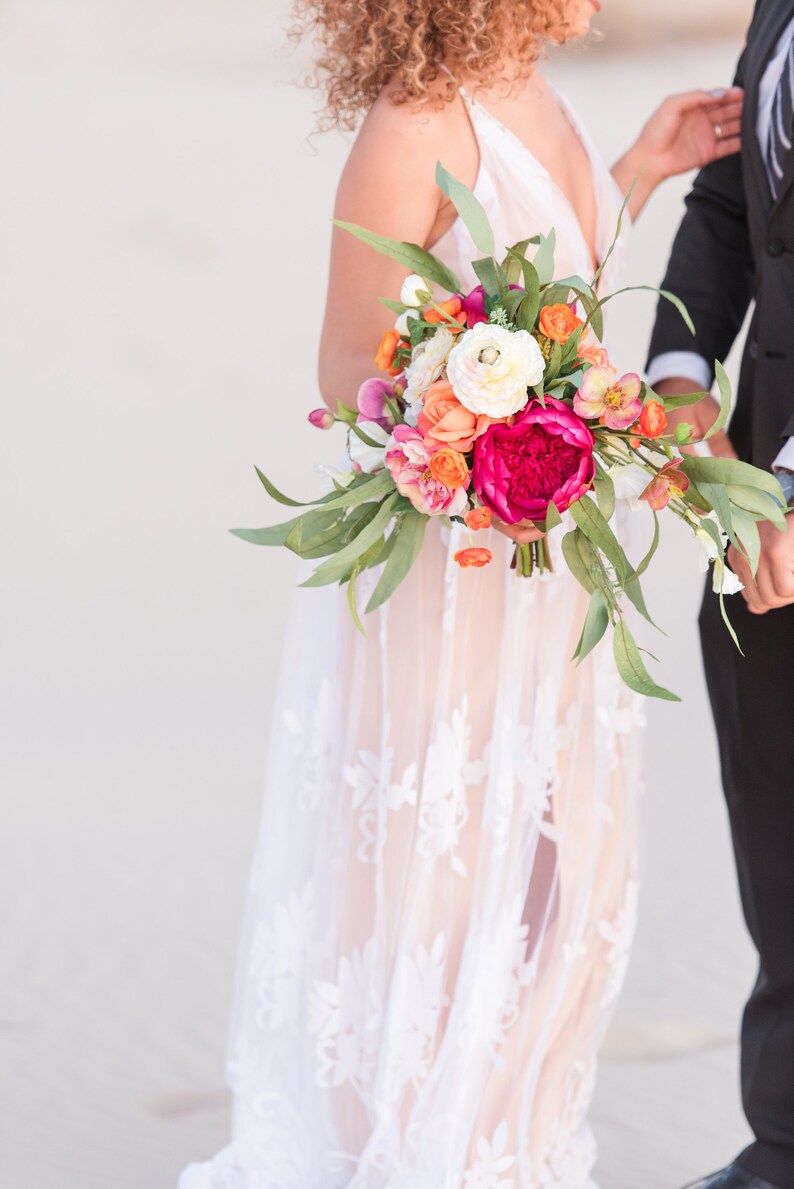 Wedding Bouquet, Magenta Boho Bridal Bouquet, Colorful Spring Bouquet, Destination Elopement Wedding Bouquet and Boutonniere Set image 8