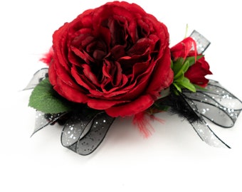 Black and Red Prom Corsage, Homecoming Corsage, Rose Wrist Corsage for Prom, Black Wristlet Corsage, Corsage and Boutonniere Set for Formal