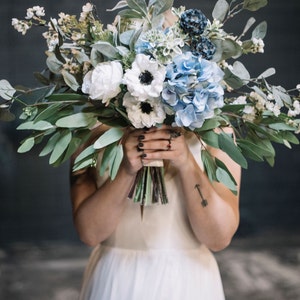 Blue Bridal Bouquet, Classic Blue Wedding Bouquet, Blue and White Silk Floral Bouquet Set, Bouquet and Boutonniere Wedding Package image 3