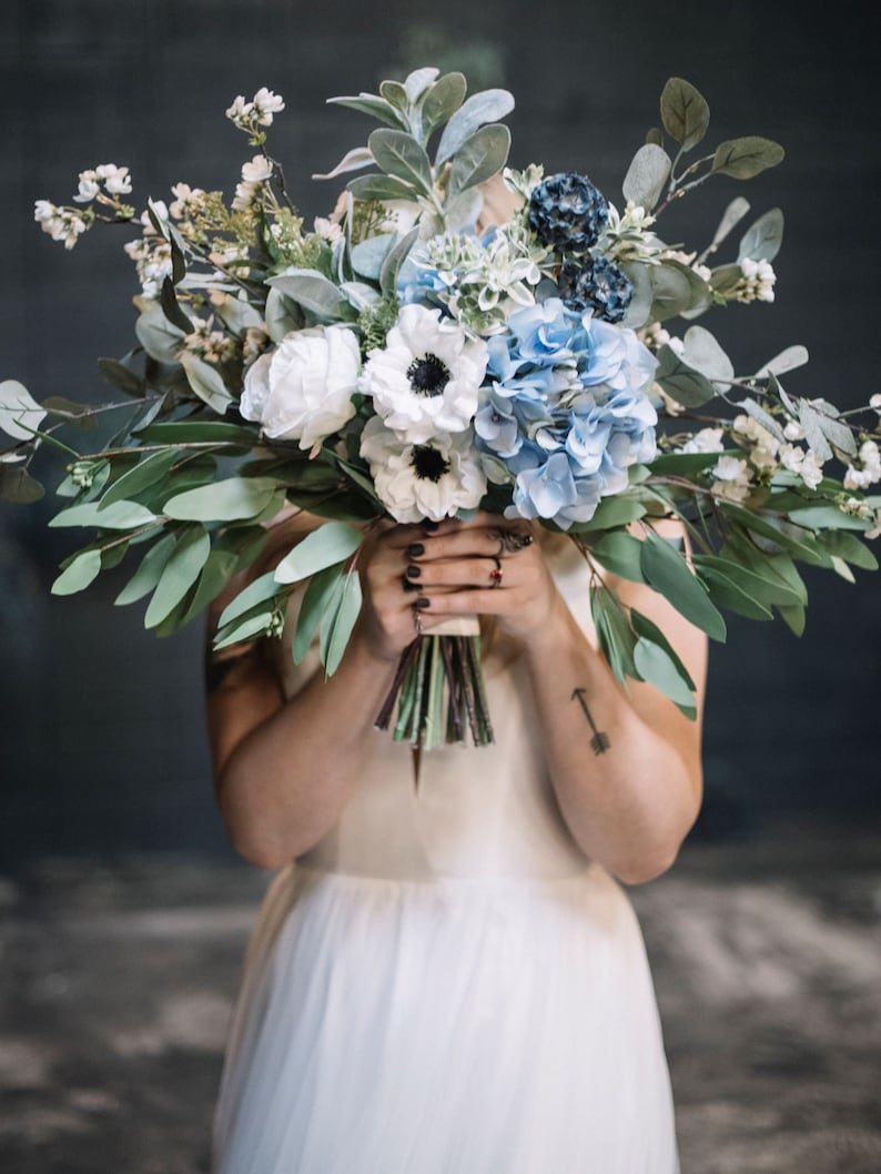 Blue Bridal Bouquet, Classic Blue Wedding Bouquet, Blue and White Silk Floral Bouquet Set, Bouquet and Boutonniere Wedding Package image 3