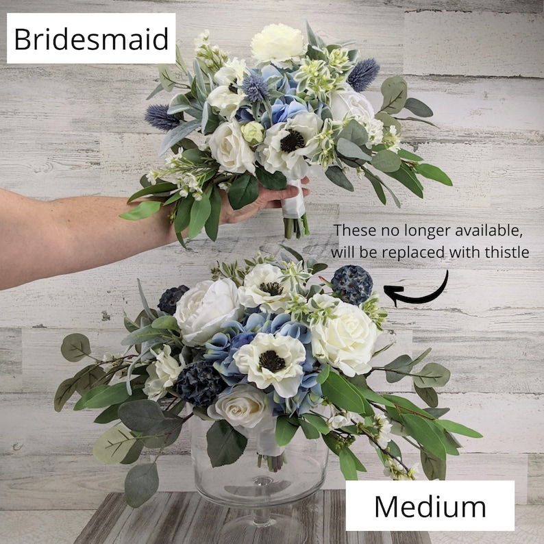 Blue Bridal Bouquet, Classic Blue Wedding Bouquet, Blue and White Silk Floral Bouquet Set, Bouquet and Boutonniere Wedding Package image 4