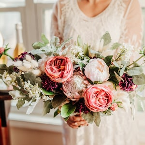 Dusty Rose Bridal Bouquet, Modern Boho Wedding Bouquet Set, Protea Garden Rose and Peony Bouquet, Mauve Pink Silk Flower Bouquet for Bride