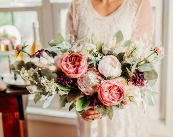 Dusty Rose Bridal Bouquet, Modern Boho Wedding Bouquet Set, Protea Garden Rose and Peony Bouquet, Mauve Pink Silk Flower Bouquet for Bride