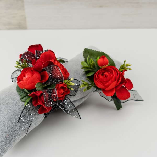 Red and Black Prom Corsage, Homecoming Corsage, Wrist Corsage for Prom, Black Wristlet Corsage, Corsage and Boutonniere Set for Formal Dance