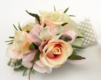 Blush Pink Prom Corsage, Wrist Corsage for Homecoming, Pearl Wristlet Corsage, Corsage and Boutonniere Set, Pink and Ivory Flowers Formal